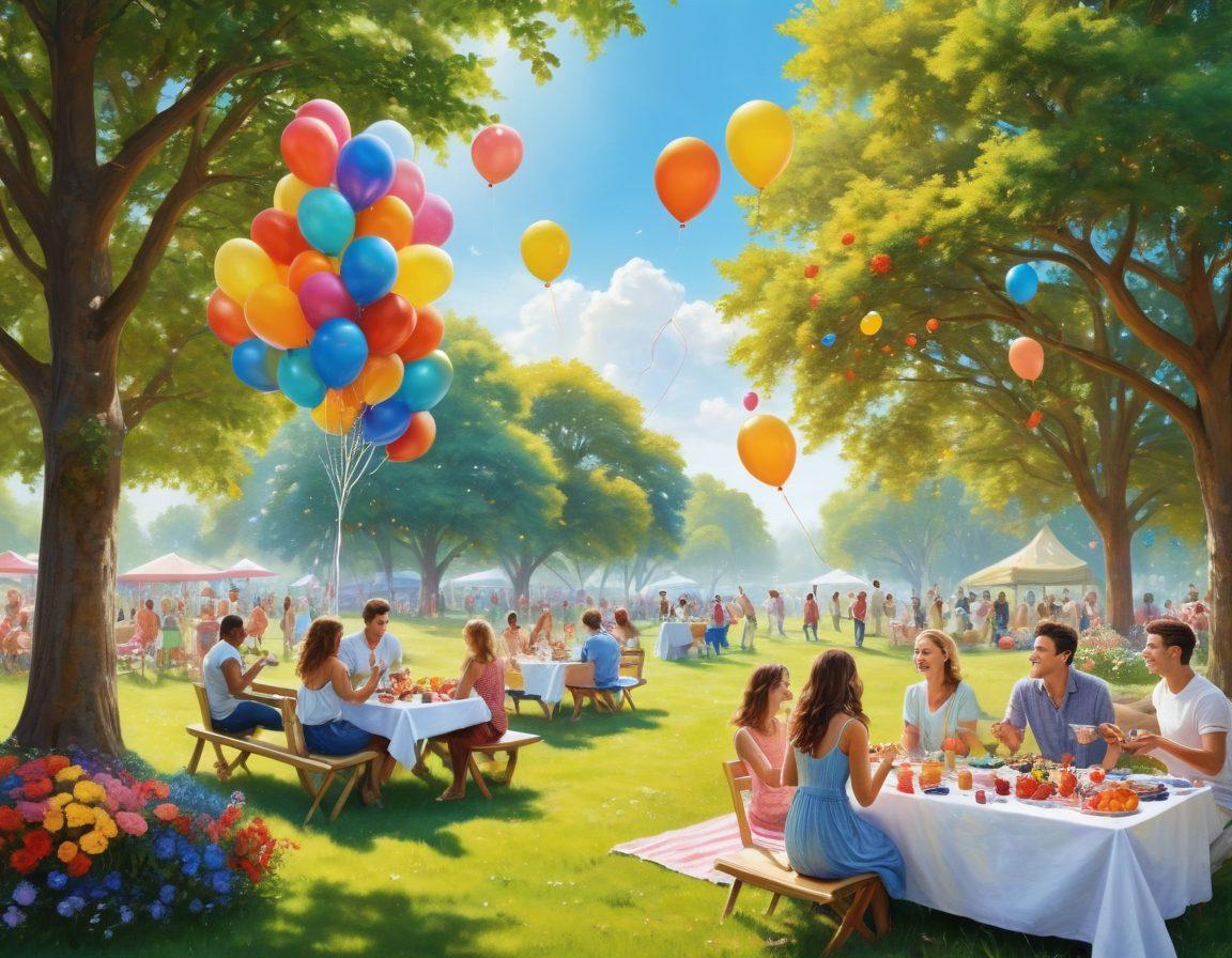 A bright, cheerful scene featuring a diverse group of people engaging in various joyful activities like painting, dancing, and enjoying a picnic in a picturesque park. Include vibrant flowers, colorful balloons, and a shimmering blue sky to convey a sense of happiness and innovation. Emphasize an atmosphere of connection and creativity. super-realistic. vibrant colors. white background.