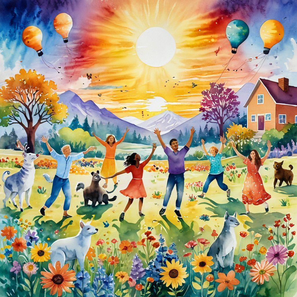 A vibrant sun rising over a colorful landscape filled with whimsical flowers and playful animals. In the foreground, a group of diverse people joyfully engaging in various uplifting activities like painting, dancing, and laughing together. Surrounding them are floating lightbulbs representing bright ideas and creativity. The scene is infused with warm sunlight to evoke happiness and inspiration. watercolor painting. bright colors.