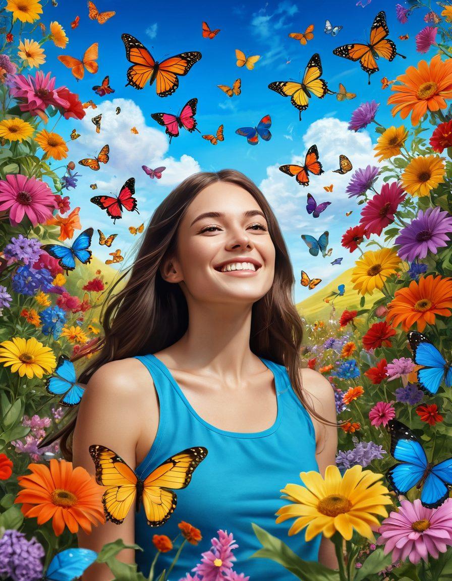 A bright, sunny landscape featuring a cheerful person surrounded by colorful flowers and butterflies, with creative art supplies scattered around, symbolizing joy and inspiration. Include whimsical doodles in the sky representing imaginative ideas and positivity. Super-realistic. Vibrant colors. Inspirational atmosphere.